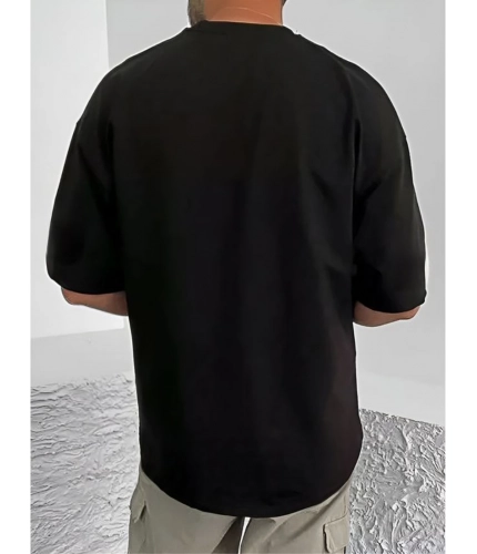 Men's Casual Cotton Blend Printed Round Neck Half Sleeve T-Shirt (Black)