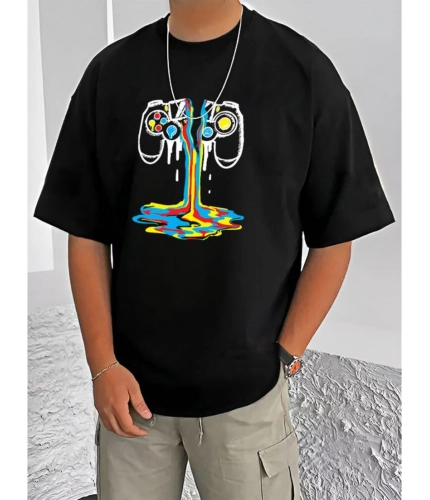 Men's Casual Cotton Blend Printed Round Neck Half Sleeve T-Shirt (Black)