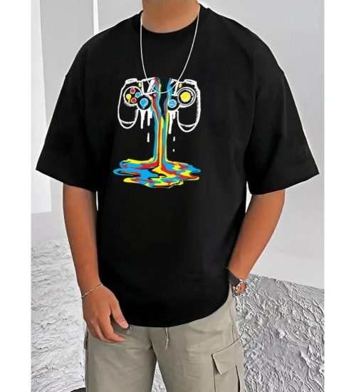 Men's Casual Cotton Blend Printed Round Neck Half Sleeve T-Shirt (Black)