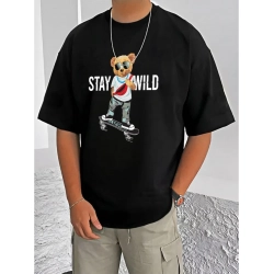 Men's Casual Cotton Blend Printed Round Neck Half Sleeve T-Shirt (Black)