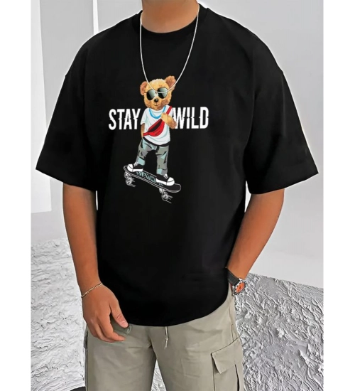 Men's Casual Cotton Blend Printed Round Neck Half Sleeve T-Shirt (Black)