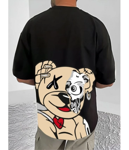 Men's Casual Cotton Blend Printed Round Neck Half Sleeve T-Shirt (Black)