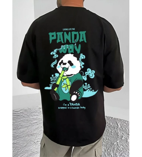 Men's Casual Cotton Blend Printed Round Neck Half Sleeve T-Shirt (Black)