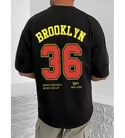 Men's Casual Cotton Blend Printed Round Neck Half Sleeve T-Shirt (Black)