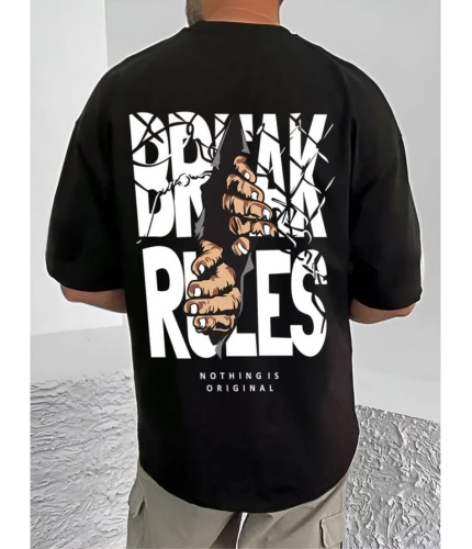 Men's Casual Cotton Blend Printed Round Neck Half Sleeve T-Shirt (Black)
