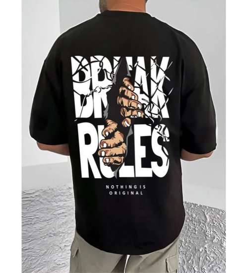 Men's Casual Cotton Blend Printed Round Neck Half Sleeve T-Shirt (Black)