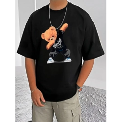 Men's Casual Cotton Blend Printed Round Neck Half Sleeve T-Shirt (Black)