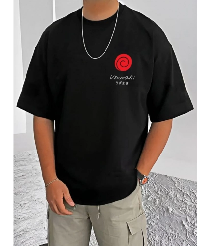 Men's Casual Cotton Blend Printed Round Neck Half Sleeve T-Shirt (Black)