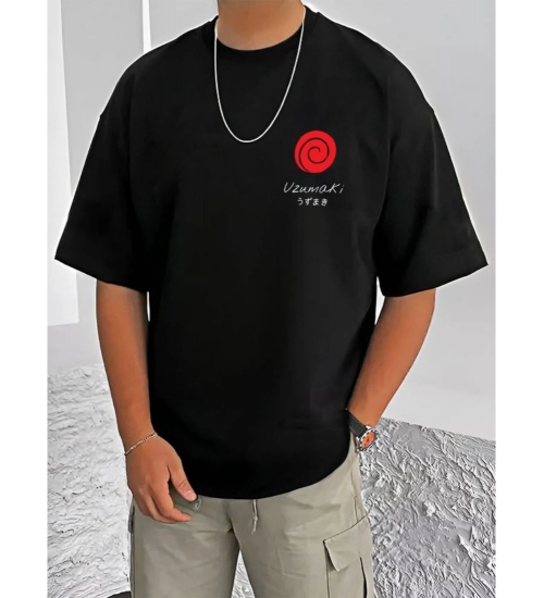 Men's Casual Cotton Blend Printed Round Neck Half Sleeve T-Shirt (Black)