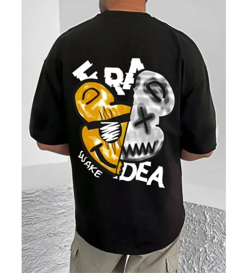 Men's Casual Cotton Blend Printed Round Neck Half Sleeve T-Shirt (Black)