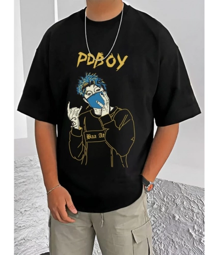 Men's Casual Cotton Blend Printed Round Neck Half Sleeve T-Shirt (Black)
