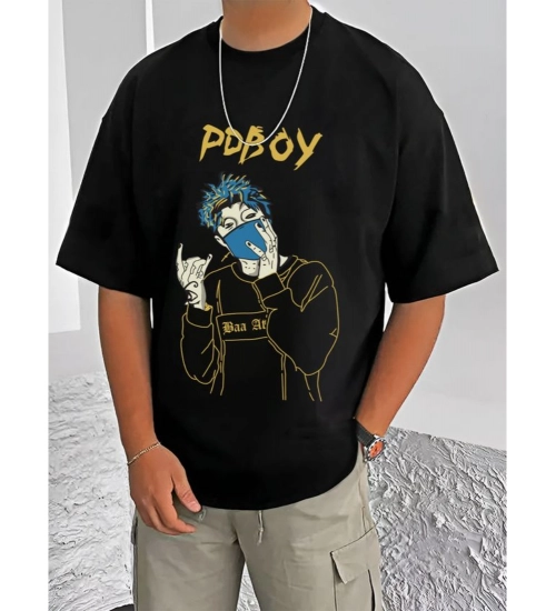 Men's Casual Cotton Blend Printed Round Neck Half Sleeve T-Shirt (Black)