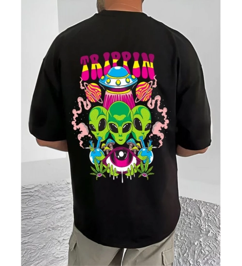 Men's Casual Cotton Blend Printed Round Neck Half Sleeve T-Shirt (Black)