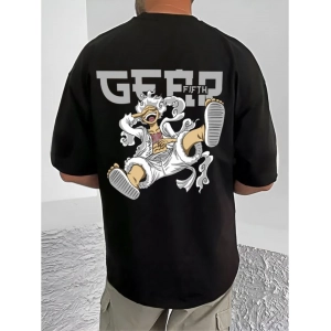 Generic Men's Casual Cotton Blend Printed Round Neck Half Sleeve T-Shirt (Black)