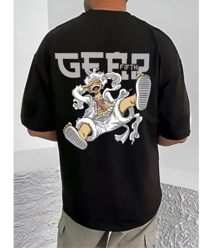 Men's Casual Cotton Blend Printed Round Neck Half Sleeve T-Shirt (Black)