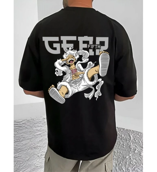 Men's Casual Cotton Blend Printed Round Neck Half Sleeve T-Shirt (Black)