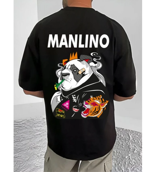 Men's Casual Cotton Blend Printed Round Neck Half Sleeve T-Shirt (Black)