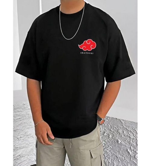 Men's Casual Cotton Blend Printed Round Neck Half Sleeve T-Shirt (Black)