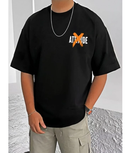 Men's Casual Cotton Blend Printed Round Neck Half Sleeve T-Shirt (Black)