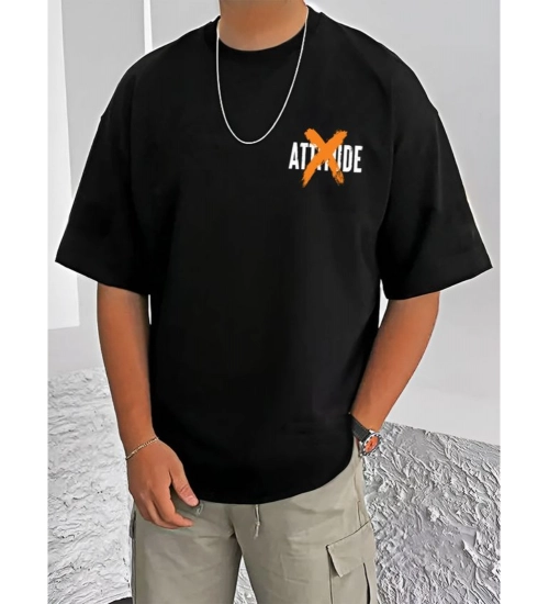 Men's Casual Cotton Blend Printed Round Neck Half Sleeve T-Shirt (Black)