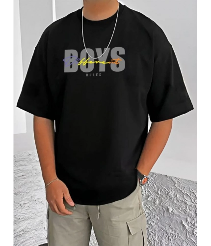 Men's Casual Cotton Blend Printed Round Neck Half Sleeve T-Shirt (Black)
