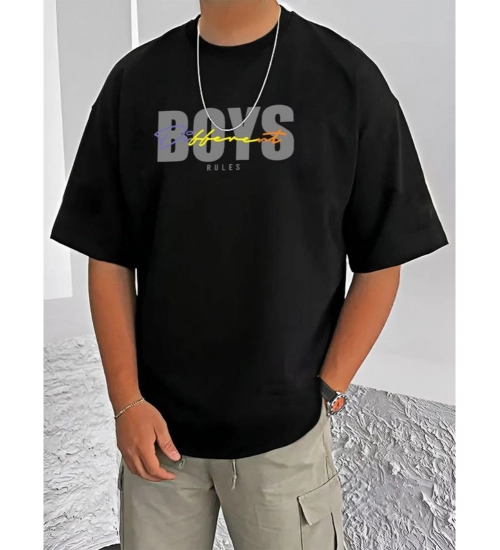 Men's Casual Cotton Blend Printed Round Neck Half Sleeve T-Shirt (Black)