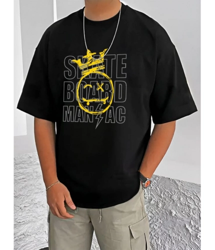 Men's Casual Cotton Blend Printed Round Neck Half Sleeve T-Shirt (Black)