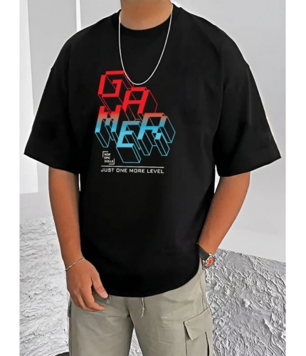 Men's Casual Cotton Blend Printed Round Neck Half Sleeve T-Shirt (Black)