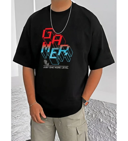 Men's Casual Cotton Blend Printed Round Neck Half Sleeve T-Shirt (Black)