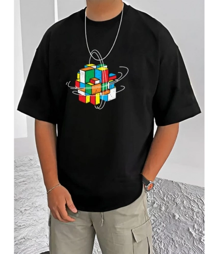 Men's Casual Cotton Blend Printed Round Neck Half Sleeve T-Shirt (Black)
