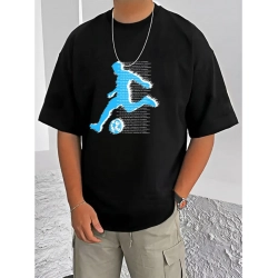 Men's Casual Cotton Blend Printed Round Neck Half Sleeve T-Shirt (Black)