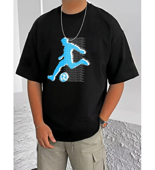 Men's Casual Cotton Blend Printed Round Neck Half Sleeve T-Shirt (Black)