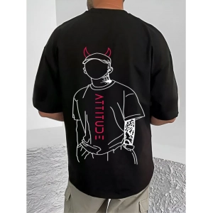 Generic Men's Casual Cotton Blend Printed Round Neck Half Sleeve T-Shirt (Black)
