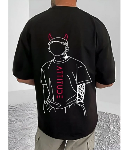 Men's Casual Cotton Blend Printed Round Neck Half Sleeve T-Shirt (Black)