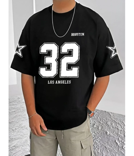 Men's Casual Cotton Blend Printed Round Neck Half Sleeve T-Shirt (Black)