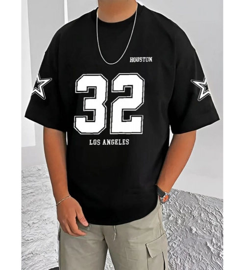 Men's Casual Cotton Blend Printed Round Neck Half Sleeve T-Shirt (Black)