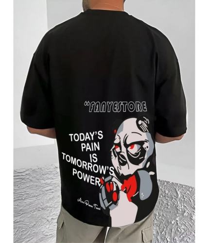 Men's Casual Cotton Blend Printed Round Neck Half Sleeve T-Shirt (Black)