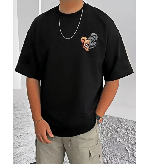 Men's Casual Cotton Blend Printed Round Neck Half Sleeve T-Shirt (Black)