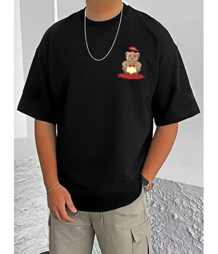 Men's Casual Cotton Blend Printed Round Neck Half Sleeve T-Shirt (Black)
