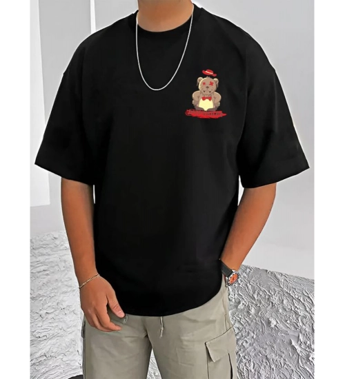 Men's Casual Cotton Blend Printed Round Neck Half Sleeve T-Shirt (Black)