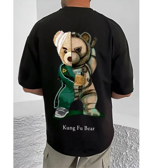 Men's Casual Cotton Blend Printed Round Neck Half Sleeve T-Shirt (Black)