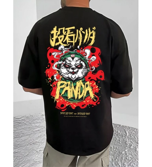 Men's Casual Cotton Blend Printed Round Neck Half Sleeve T-Shirt (Black)