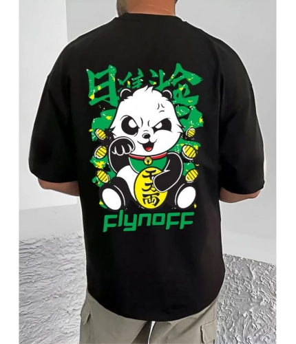 Men's Casual Cotton Blend Printed Round Neck Half Sleeve T-Shirt (Black)