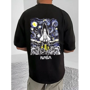 Generic Men's Casual Cotton Blend Printed Round Neck Half Sleeve T-Shirt (Black)