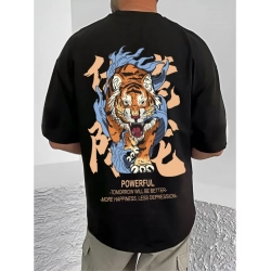 Men's Casual Cotton Blend Printed Round Neck Half Sleeve T-Shirt (Black)