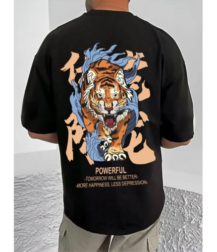 Men's Casual Cotton Blend Printed Round Neck Half Sleeve T-Shirt (Black)