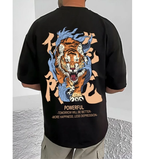 Men's Casual Cotton Blend Printed Round Neck Half Sleeve T-Shirt (Black)