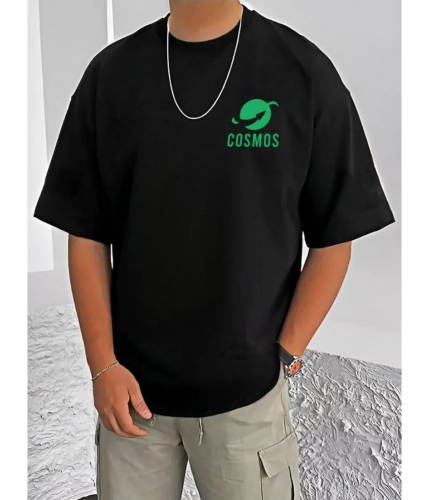 Men's Casual Cotton Blend Printed Round Neck Half Sleeve T-Shirt (Black)