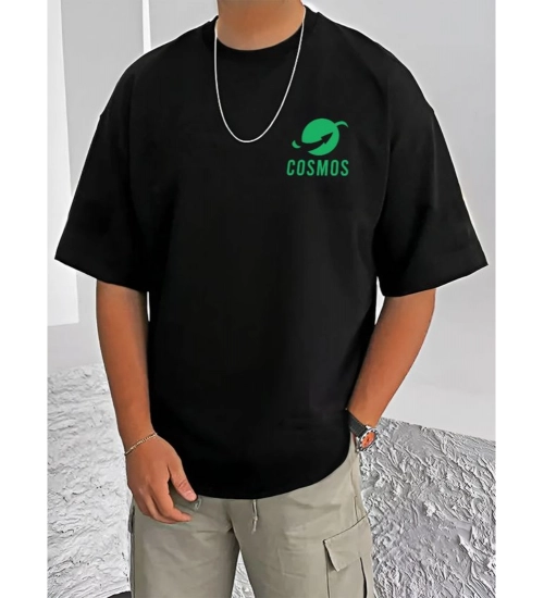 Men's Casual Cotton Blend Printed Round Neck Half Sleeve T-Shirt (Black)