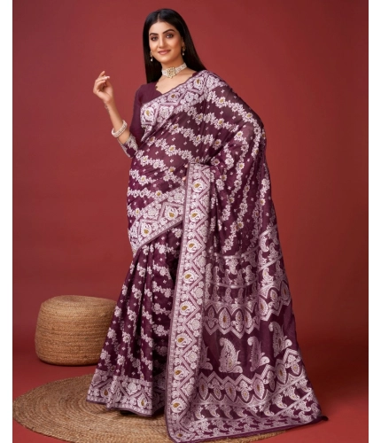 Women's Cotton Silk Printed Saree With Unstitched Blouse 5.5Mtr (Purple)